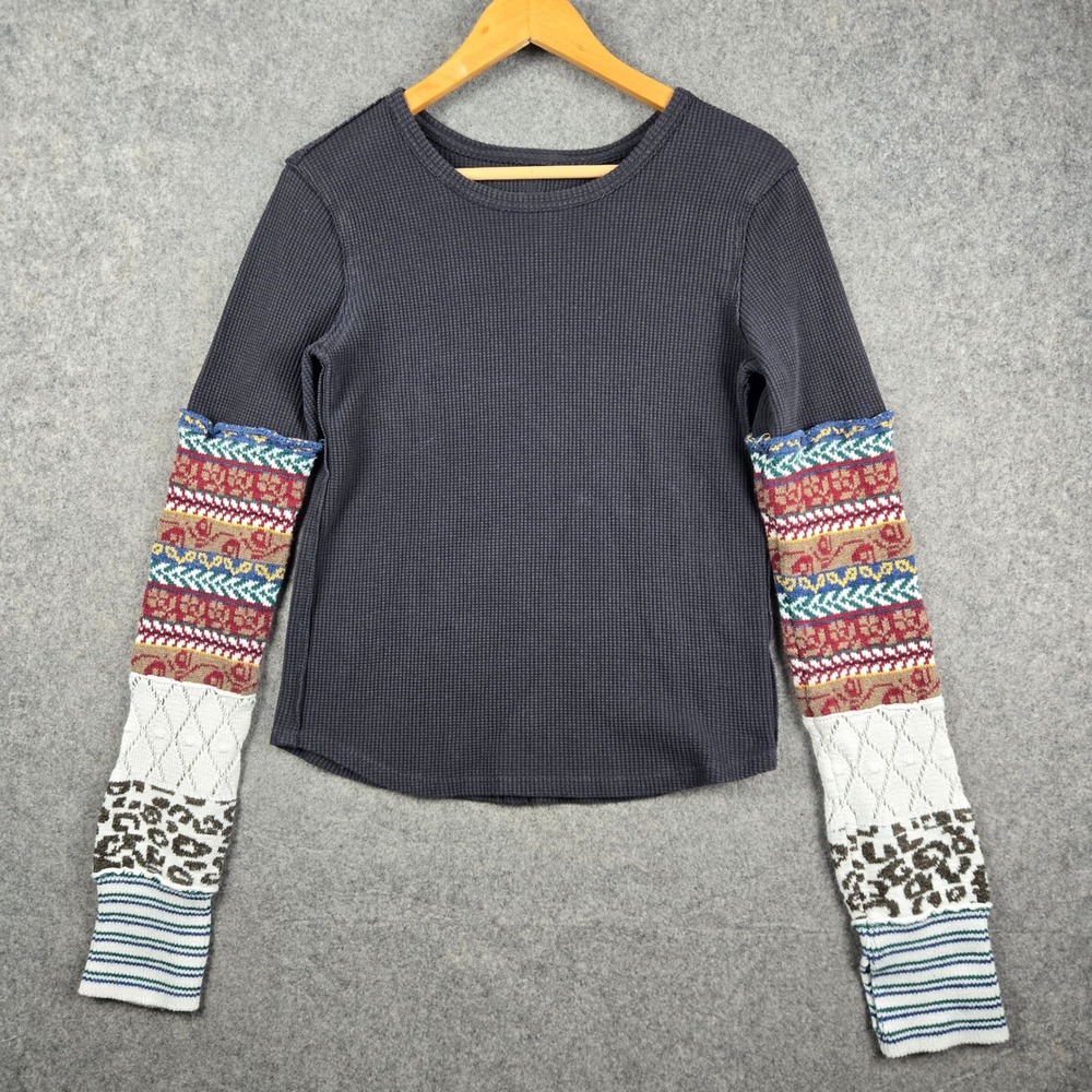 We The Free Thermal Top Womens XL Black Patchwork Mixed Knit Sleeve Boho Waffle
